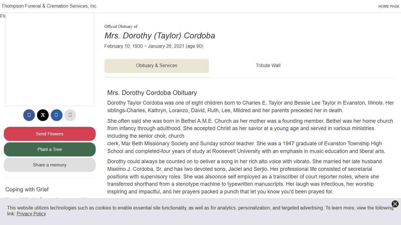 Obituary for Mrs. Dorothy (Taylor) Cordoba Thompson Funeral & Cremation Services, Inc